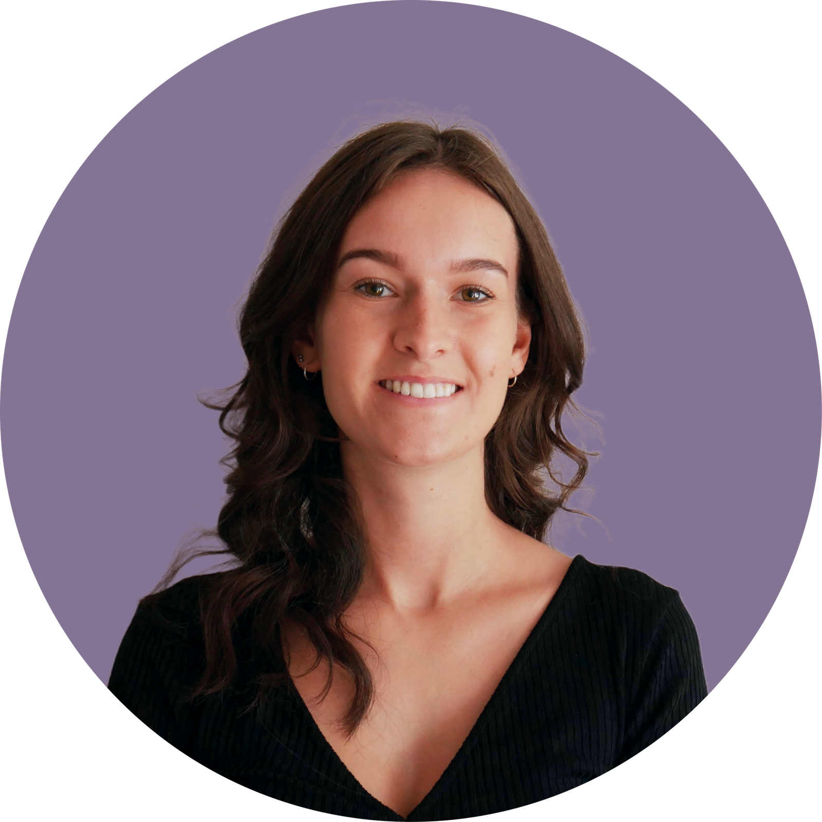 Portrait of Rebecca Stephenson, a UX/UI and product designer, smiling at the camera against a purple circular background.